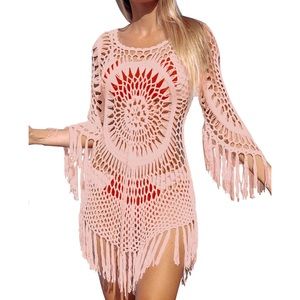 New Salmon Pink Hollowed Out Tassel Chrochet Bathing Swim Cover Up Top NWT